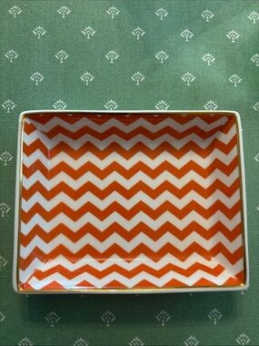 J. Crew Orange Chevron Ceramic Trinket Tray with Gold Trim